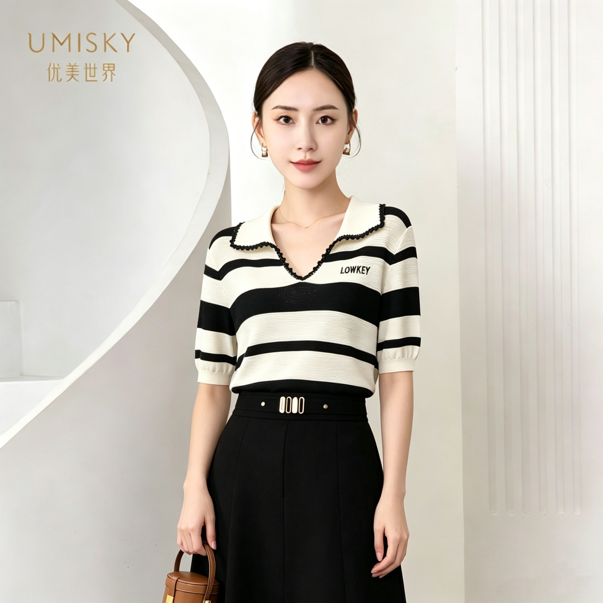 umisky优美世界专柜同款夏季时尚U领字母条纹莱赛尔上衣SM2W2859图片