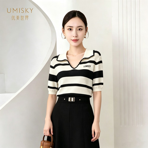 umisky优美世界专柜同款夏季时尚U领字母条纹莱赛尔上衣SM2W2859