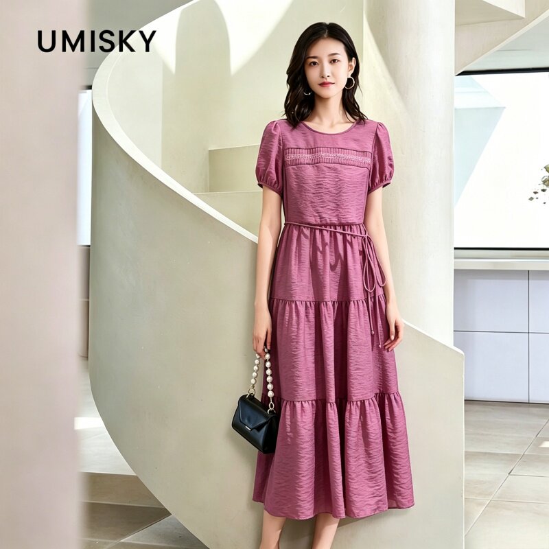 umisky优美世界专柜同款夏季时尚简约泡泡袖中长连衣裙SM2D2888图片