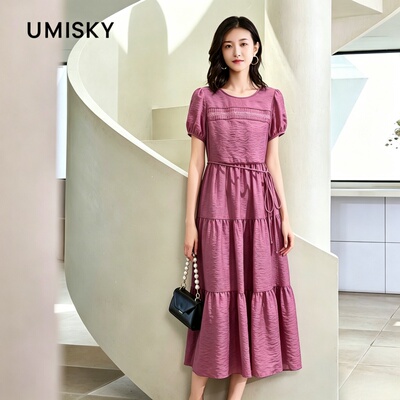 umisky优美世界专柜同款夏季时尚简约泡泡袖中长连衣裙SM2D2888