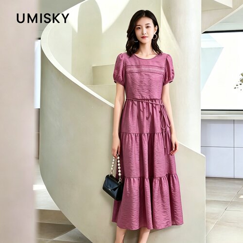 umisky优美世界专柜同款夏季时尚简约泡泡袖中长连衣裙SM2D2888
