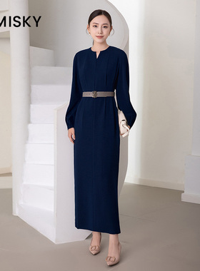 umisky优美世界长袖气质中长连衣裙DI3D3002