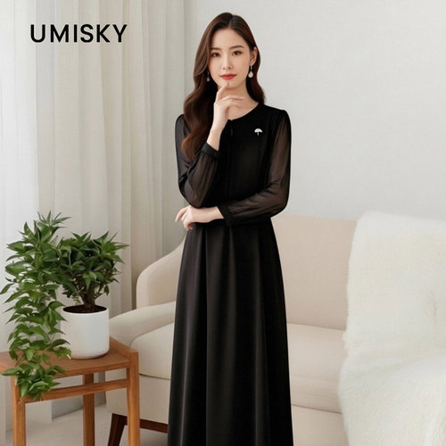 umisky优美世界女装春秋款中长黑色连衣裙SK3D1775