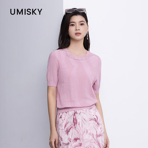 umisky优美世界专柜同款夏圆领套头莱赛尔休闲针织衫上衣SM2W2877