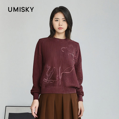 umisky优美世界冬季浮雕花纹亮丝针织衫套头短款毛衣NK4W1935