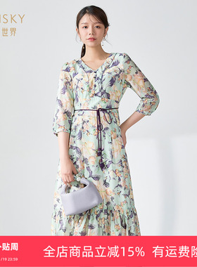 清仓 umisky优美世界女装艺术感水墨印花V领a字连衣裙SI1D1004