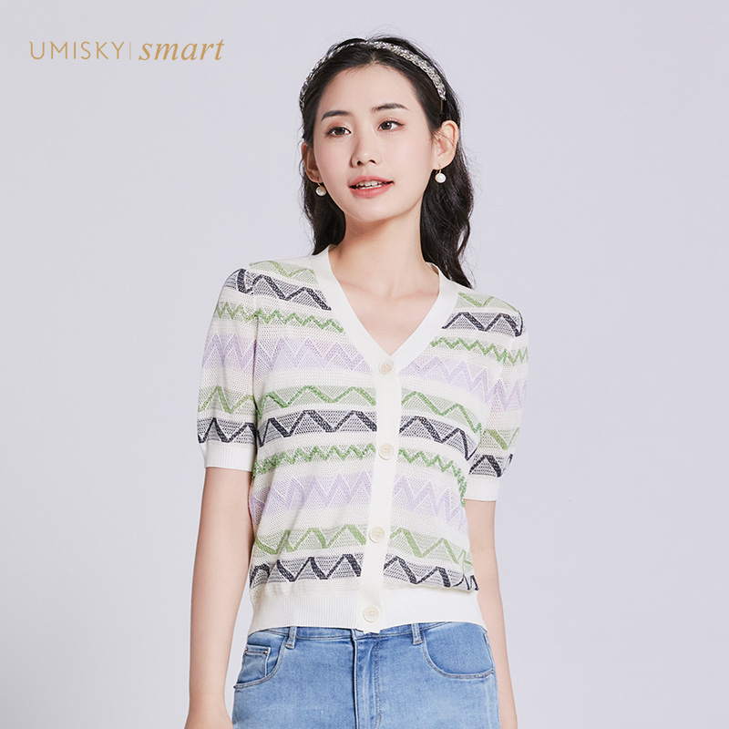 umisky优美世界女装夏季V领几何条纹针织开衫外套VI2S1010-封面