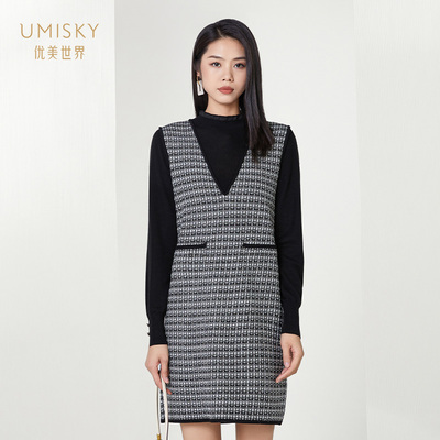 优美世界毛衫格子连衣裙