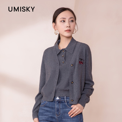 umisky优美世界专柜同款冬季两件套针织开衫短款毛衫外套SK3S1201