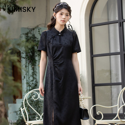 优美世界旗下芬岸女装新中式旗袍裙立领印花开叉连衣裙XK3D3702