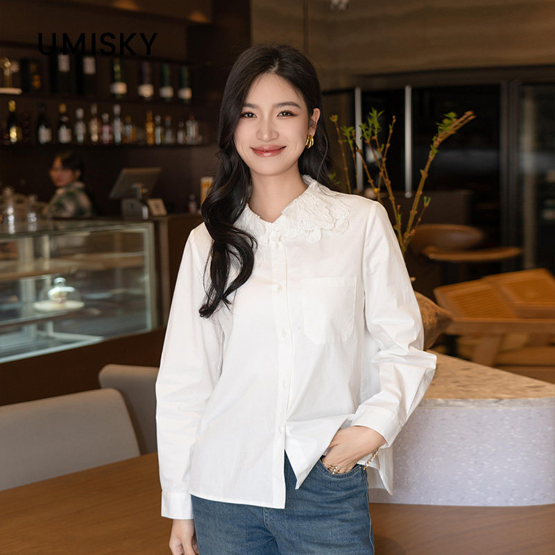 优美世界旗下女装专柜同款蕾丝娃娃领宽松显瘦白衬衫DM1G1001图片