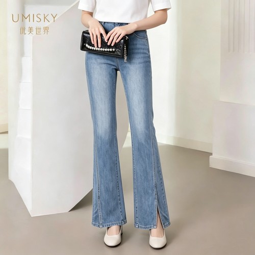 umisky优美世界专柜同款夏季百搭修身微喇叭开叉牛仔裤SM2U1212
