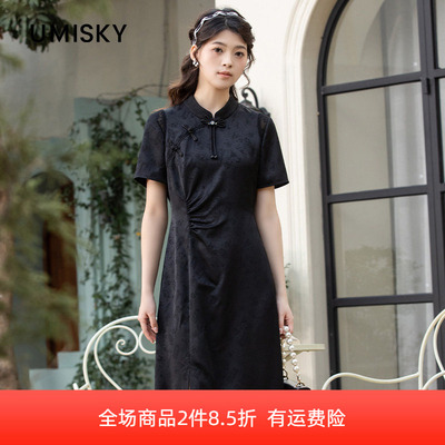 优美世界旗下芬岸女装新中式旗袍裙立领印花开叉连衣裙XK3D3702