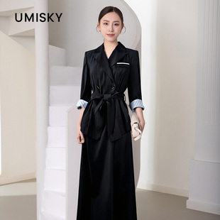 连衣裙NI4D1926 式 umisky优美世界收腰系带中长款 气质条纹西装