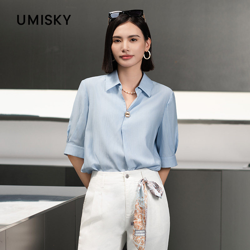 umisky优美世界专柜同款夏日感翻领套头宽松凉爽针织衬衫SM2G3020图片