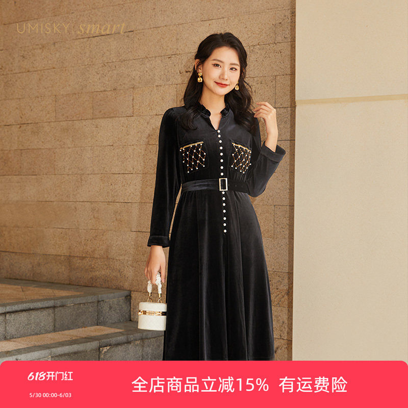 umisky优美世界女装春季名媛气质优雅长袖钉珠丝绒连衣裙VK1D1004