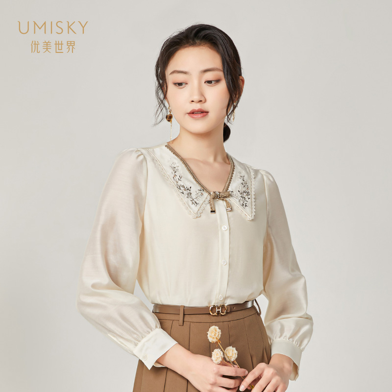 优美世界宽松休闲长袖绣花衬衫