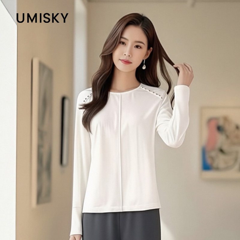umisky优美世界专柜同款春秋长袖圆领套头针织T恤上衣SK3J2773图片