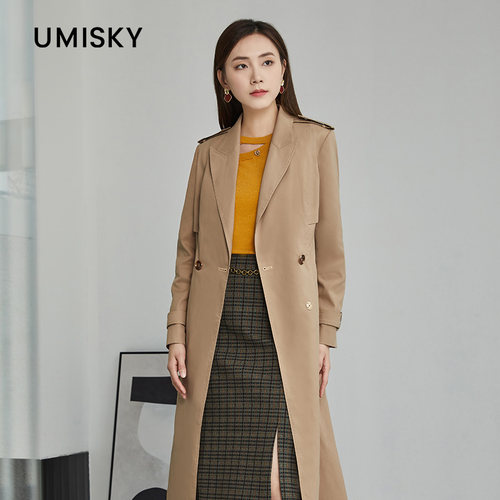 umisky优美世界专柜同款冬季英伦风双排扣中长风衣外套SK4R2001