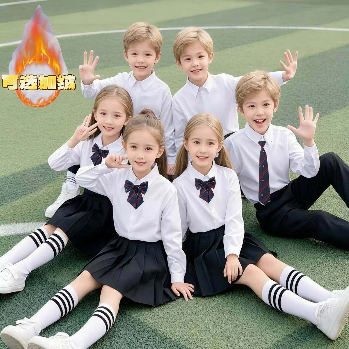 儿童白衬衫加绒加厚男童长袖秋冬小学生校服女童白色衬衣合唱表演