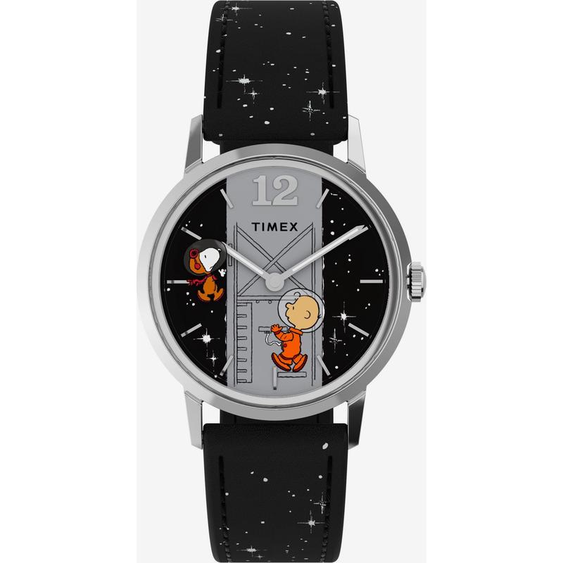 Timex天美时男士腕表手动上链夜光日期计时黑色皮带金属星空