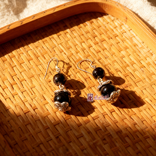 狐步舞 傍妆台 国风民族风耳环天然黑玛瑙925银耳勾 藏银手工设计