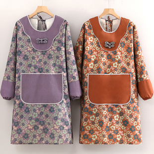 中式长袖碎花围裙家用厨房做饭防污耐磨工作罩衣带袖餐饮专用上班