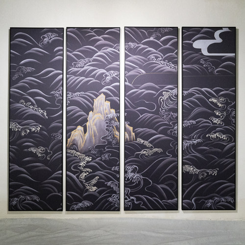 现货逸福瑞新中式绘加手工苏州刺绣装饰画海浪四联沙发背景可定制