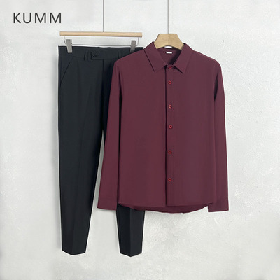 酒红色结婚订婚长袖衬衫西裤套装