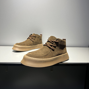 日系复古牛皮高帮鞋2024冬季加绒厚底大头饼干鞋潮流百搭休闲男鞋