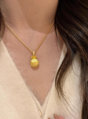 中古风拉丝点闪钻好运小福袋项链转运黄金色沙金秋冬锁骨链毛衣链