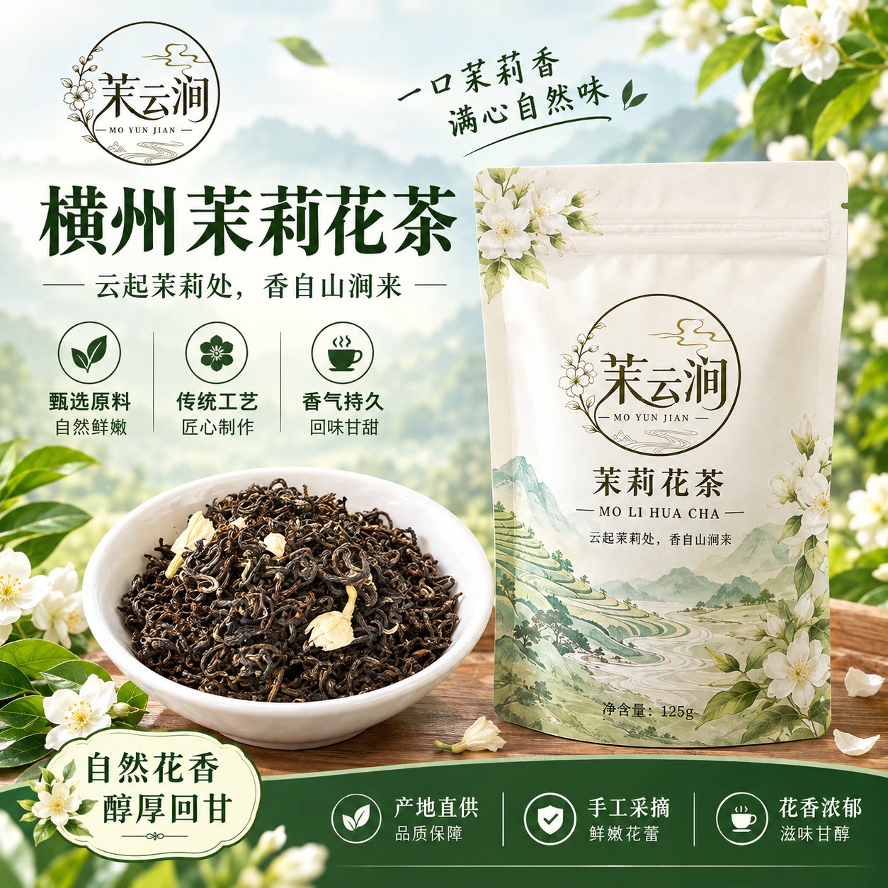 茉云涧横州茉莉花茶125g花香冷泡