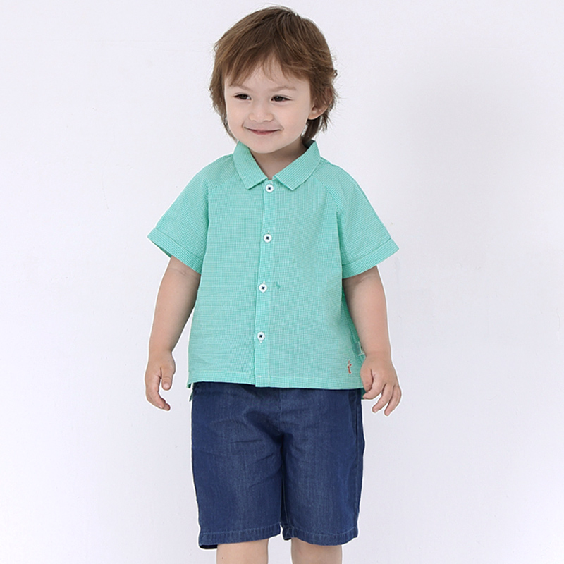 2024夏季新款男童纯棉绿色短袖衬衫婴幼儿洋气翻领宝宝格子上衣