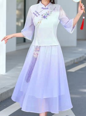 改良版汉服旗袍两件套女2026夏季新款时尚洋气渐变刺绣古风套装潮