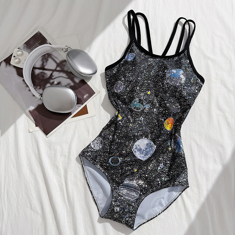 星空宇宙印花连体泳衣女专业竞速三角泳装吊带式露背性感修身显瘦