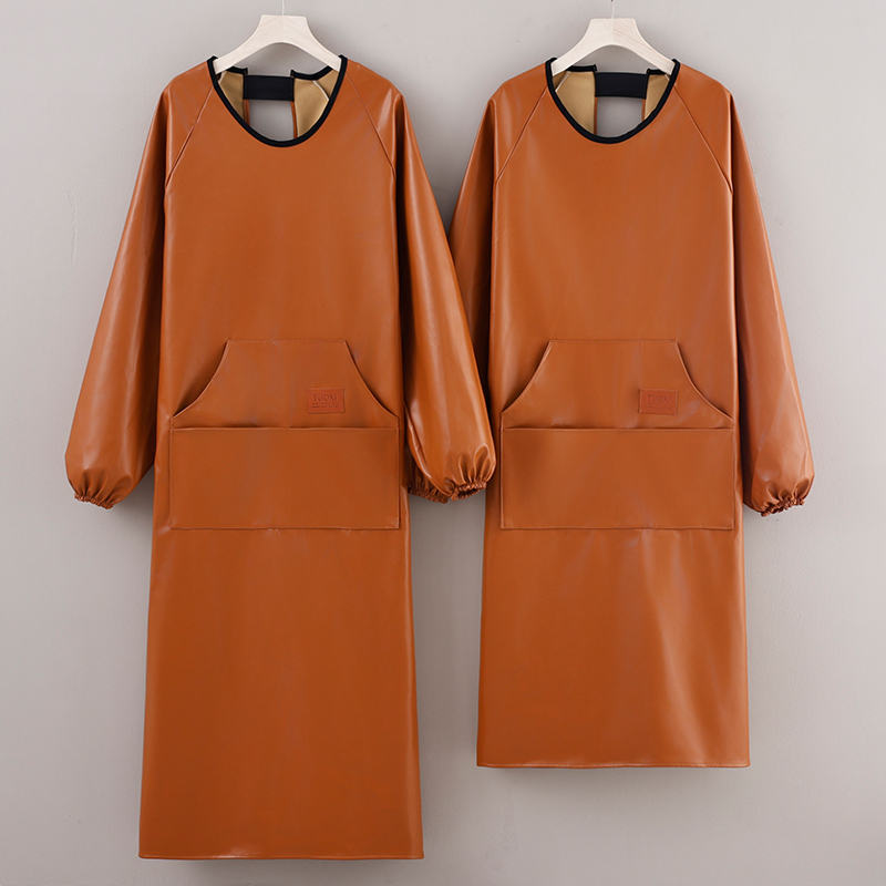 男女长袖免洗加长皮革PU围裙厨房海鲜水产屠宰场防水油罩衣工作服