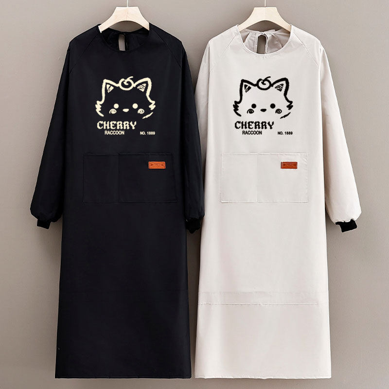 加长韩系新款围裙长袖防水防油家用厨房上班工作服餐饮罩衣定制字