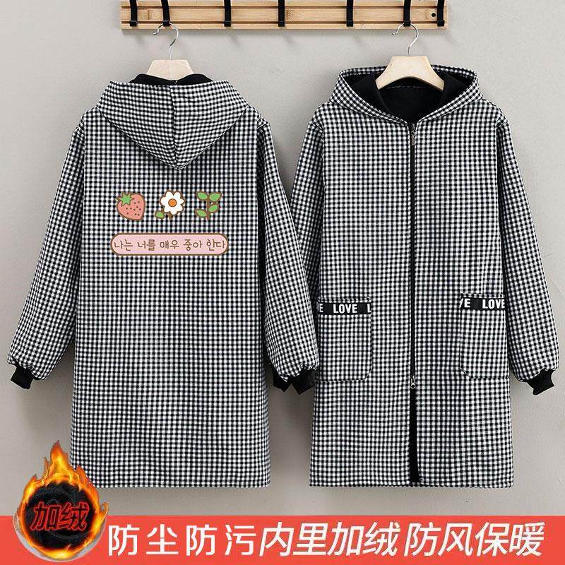 加绒棉布格子罩衣围裙男女家用厨房专用工作服防尘防油污耐脏罩衣