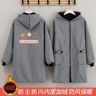 加绒棉布格子罩衣围裙男女家用厨房专用工作服防尘防油污耐脏罩衣