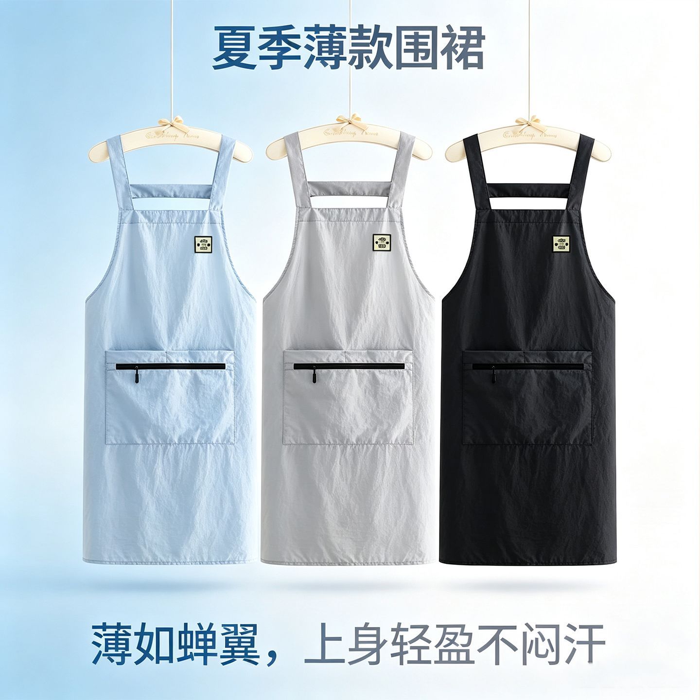 简约舒适透气不闷薄如蝉翼背带围裙厨房做饭防溅水防油污工作定制