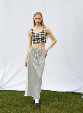 Septhouse 学院休闲拼接卫衣长裙松紧腰系带直筒运动半身裙