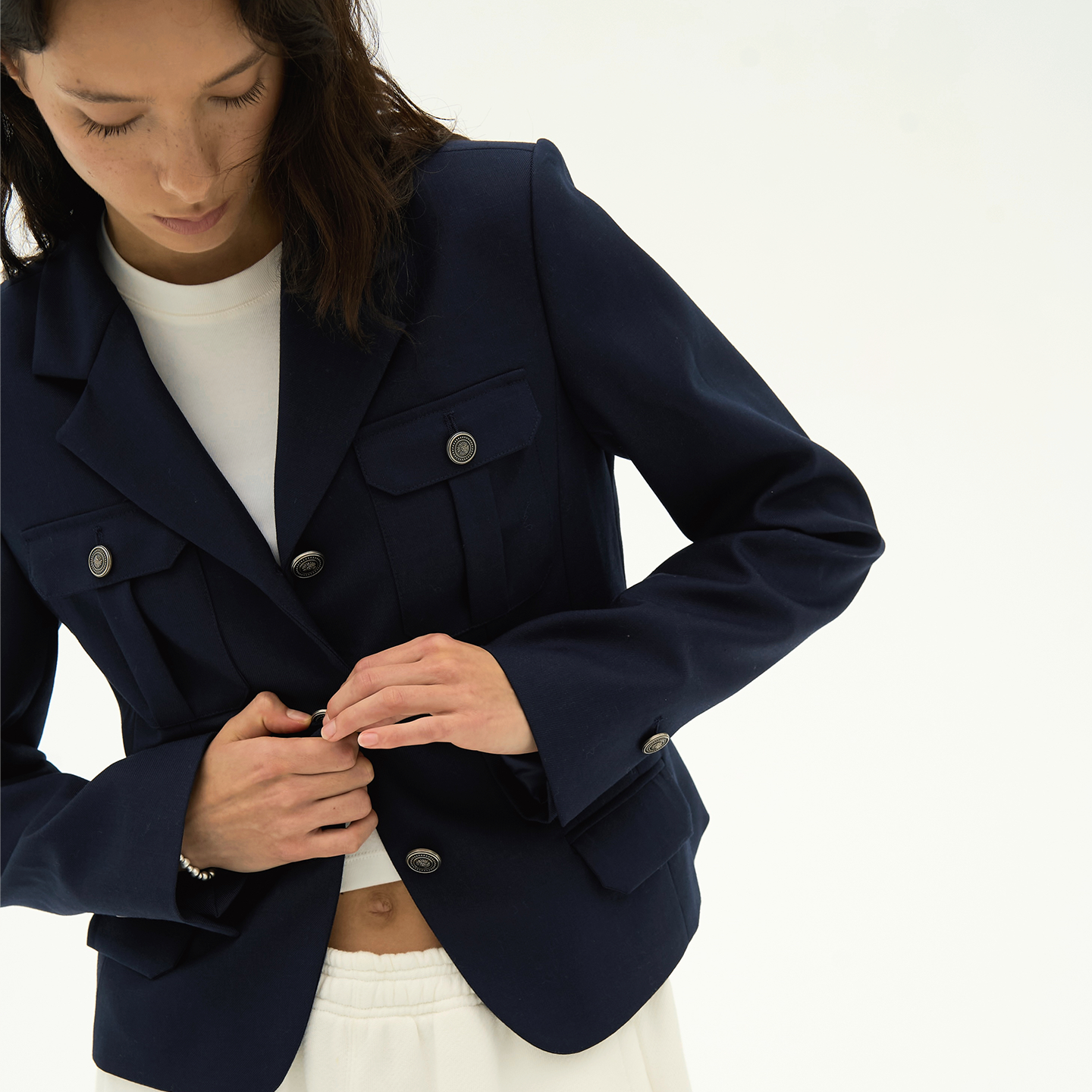 Septhouse 学院藏蓝色口袋修身西装外套 进口面料 短款高级感上衣