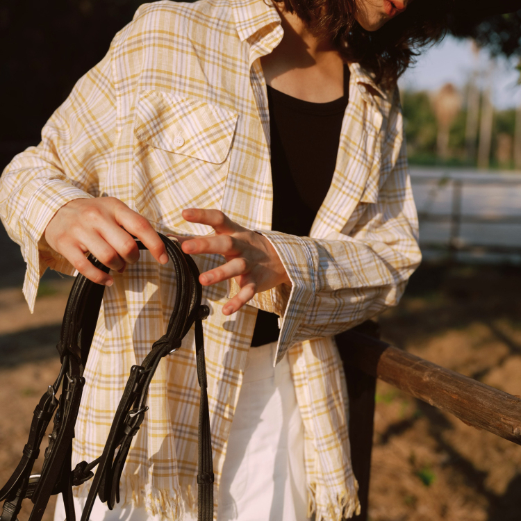 Septhouse 休闲轻薄黄格子衬衫宽松长袖上衣