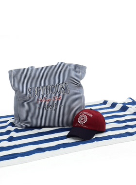 Septhouse 度假风蓝白条纹牛仔帆布包印花托特包