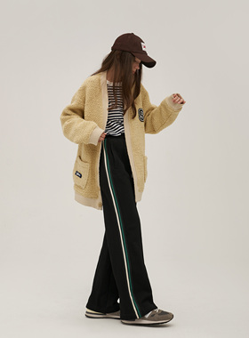 Septhouse 复古学院风条纹撞色运动裤 黑色宽松阔腿休闲长裤女