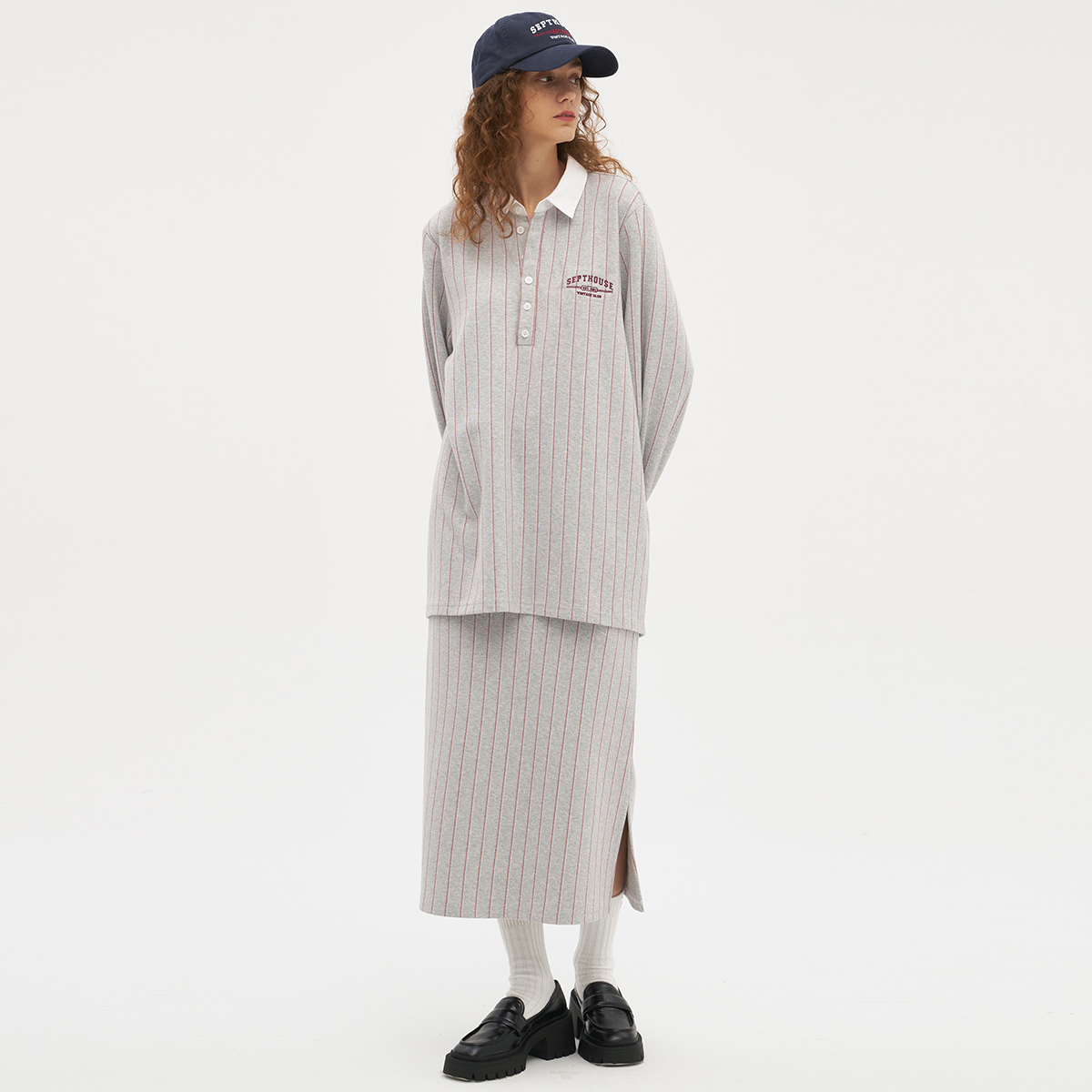 Septhouse 复古学院风Polo卫衣半身裙竖条纹休闲套装套头上衣女