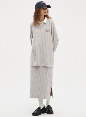 Septhouse 复古学院风Polo卫衣半身裙竖条纹休闲套装套头上衣女