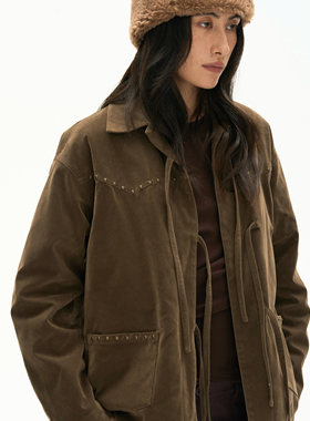 Septhouse 美式复古棕色麂皮系带外套冬季新款高级感宽松毛呢上衣