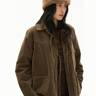 新款 复古棕色麂皮系带外套冬季 高级感宽松毛呢上衣 美式 Septhouse