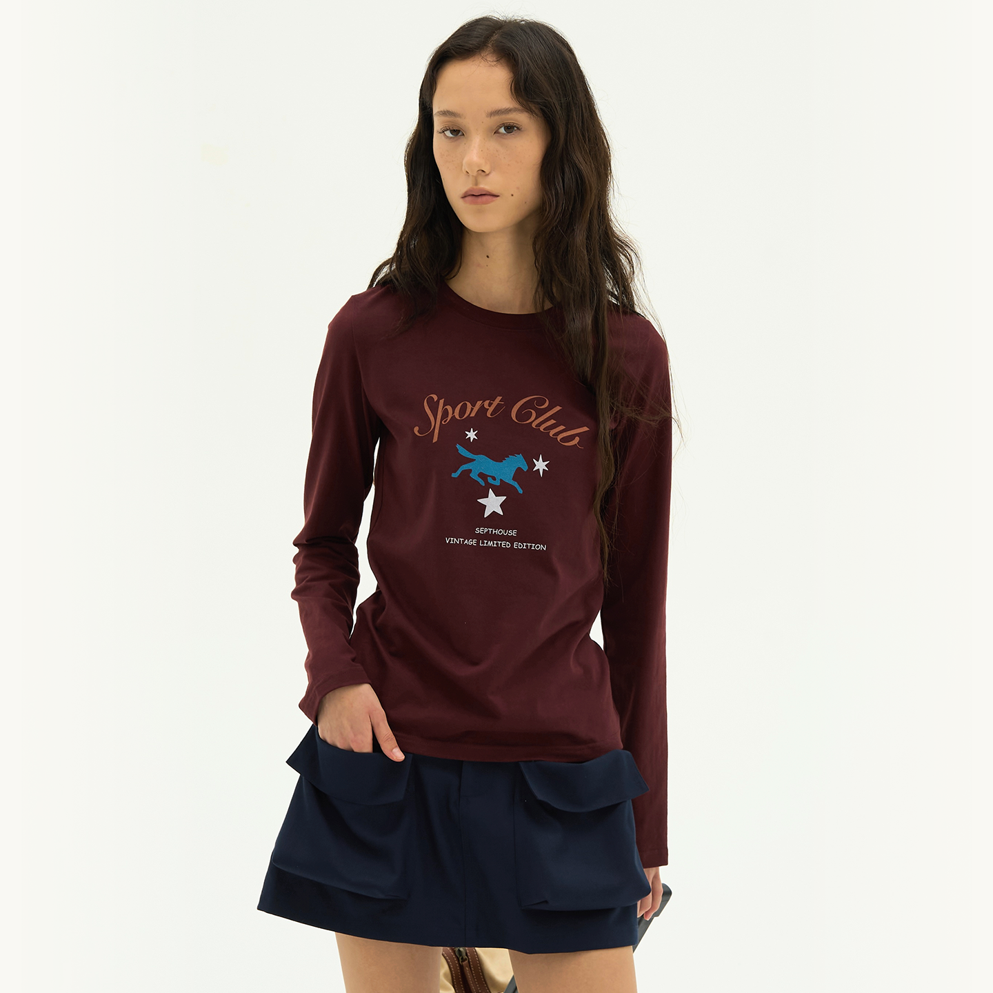 Septhouse 美式休闲酒红色印花标语长袖 百搭宽松圆领T恤女